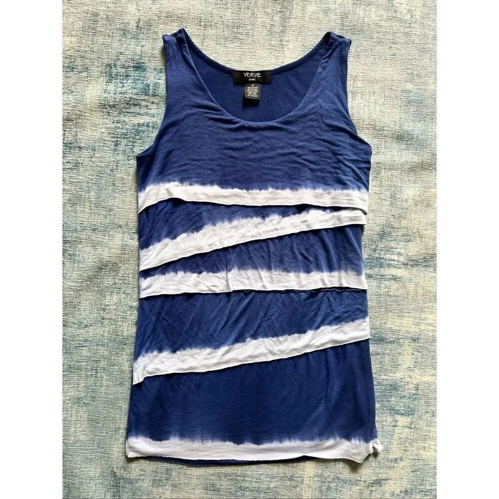 Verve Ami Blue Off White Tie Dye Dip Dye Ruffle Tank Top Medium